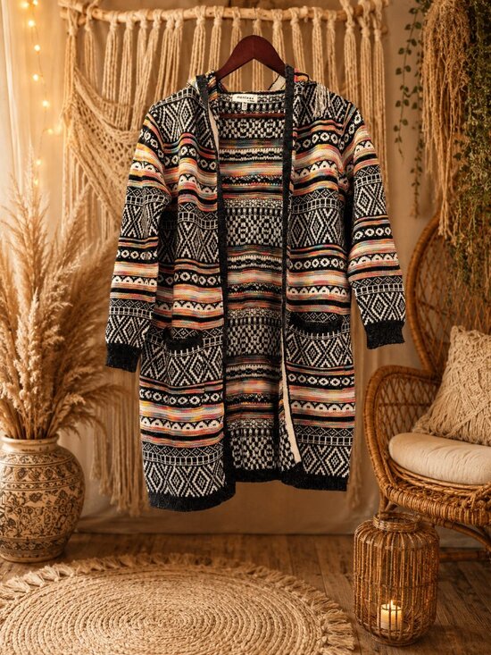 Monteau Sweaters - Boho Aztec Cardigan Sweater • Geometric Print • Longline Open Front • Multicolor